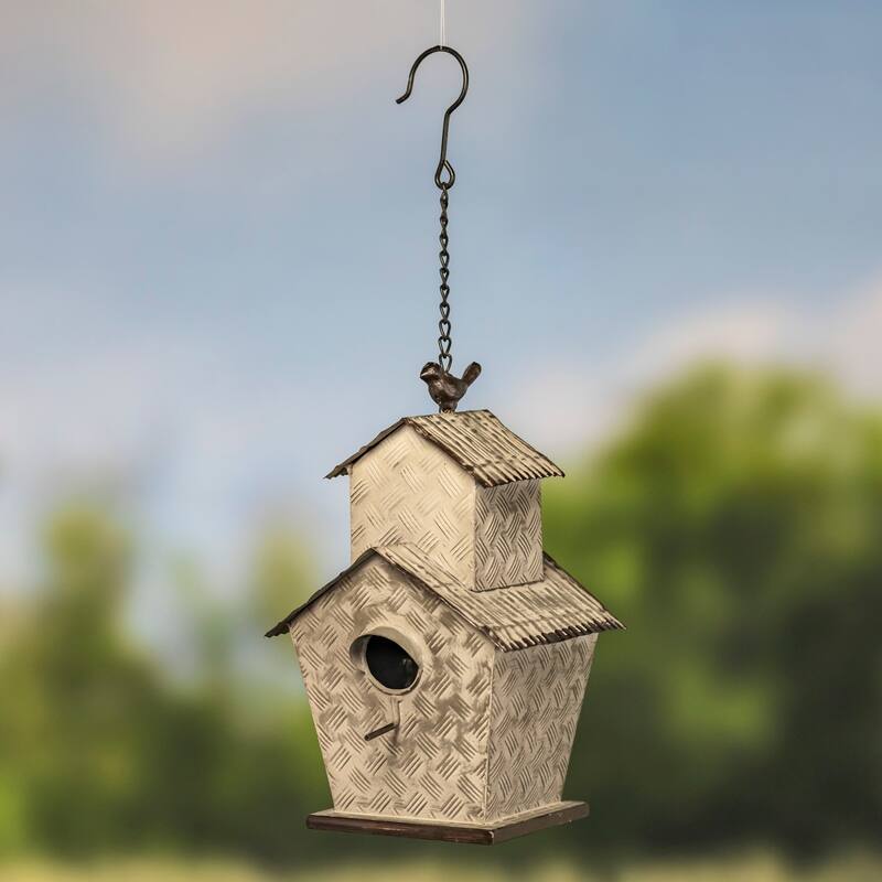 Hanging Galvanized Birdhouse "Farmhouse" - 8"X8"X11.75"H/ 21.75"TH