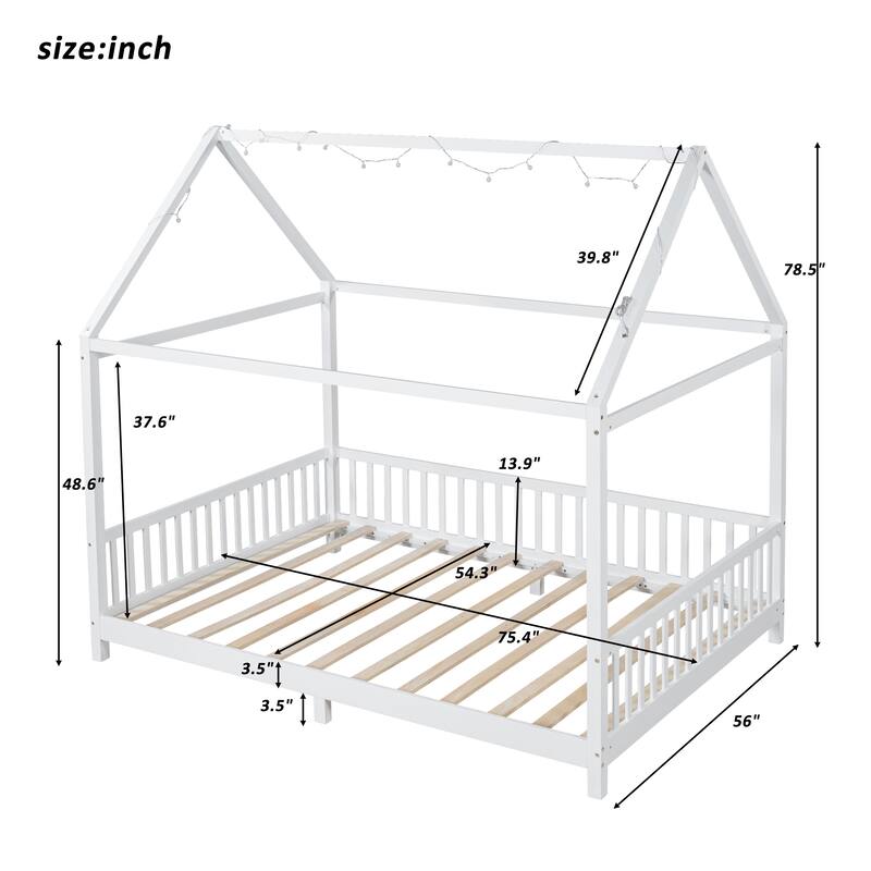 Kids Wooden Bed with Roof and Fence Style Frame, LED Lights and Full Guardrail Design