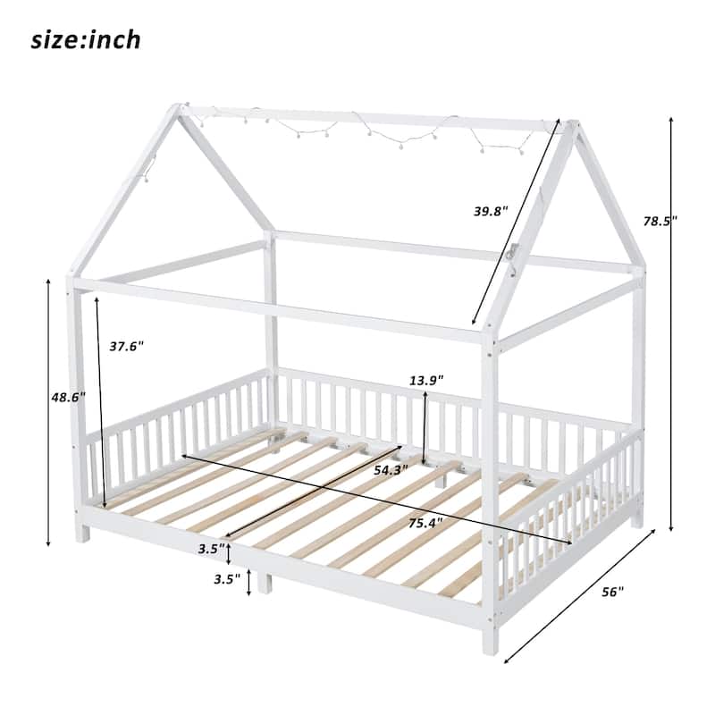 Solid Wood House Bed with Guardrail, LED and Roof for Kids, Boys and Girls