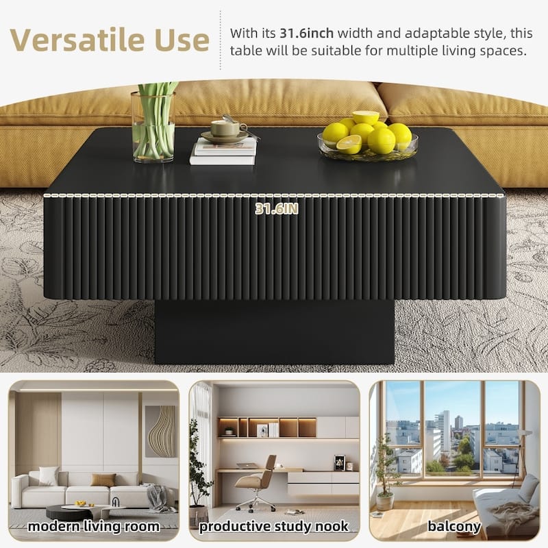 31.6" Modern Elegant Square Fluted Coffee Table with 7.1" Thick Tabletop