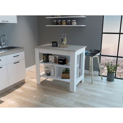 FM FURNITURE Brooklyn Antibacterial Surface Kitchen Island with Three Concealed Shelves