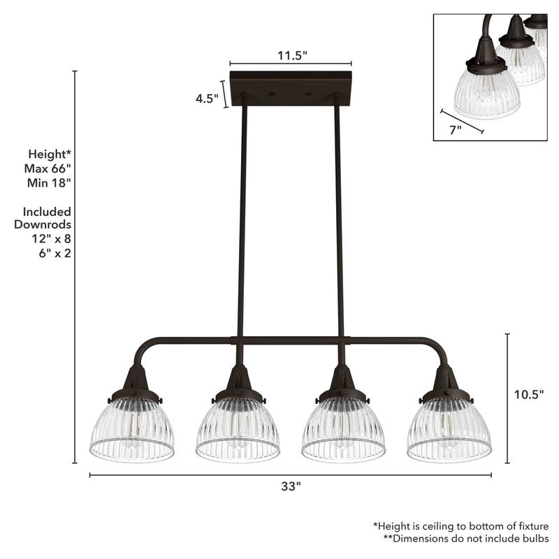 Hunter Cypress Grove 4-Light Linear Chandelier - Kitchen Island, Dining Room - Clear Fluted Glass - Transitional, Industrial