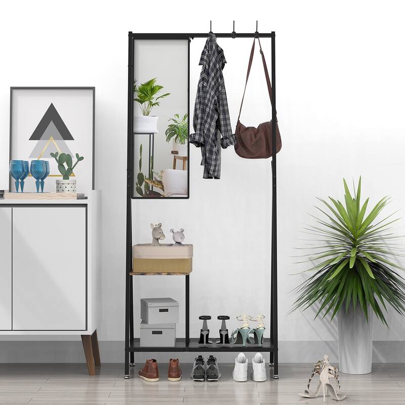 Industrial-Style Foyer Coat Rack with Shoe Cabinet Mirror, Aluminum Frame, for Living Room and Bedroom