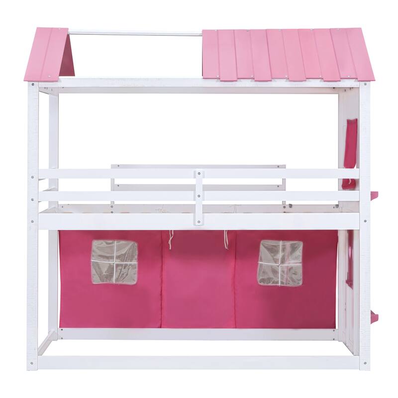 Twin Size Wooden Bunk Bed with Windows and Tent in Pink and White