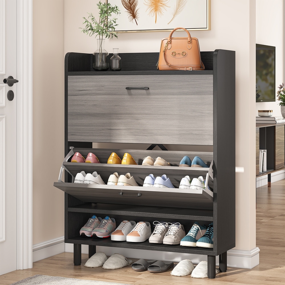 Capet Walnut Narrow Shoe Storage Cabinet with Flip Down Large