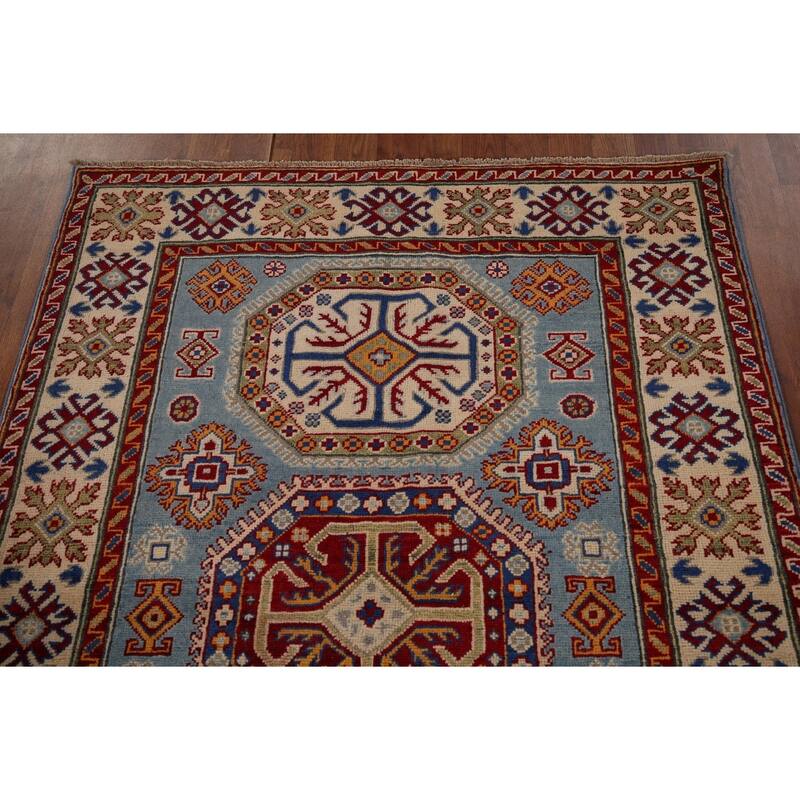 Blue Geometric Kazak Foyer Rug Bedroom Handmade Wool Carpet - 4'1" x 5'10"