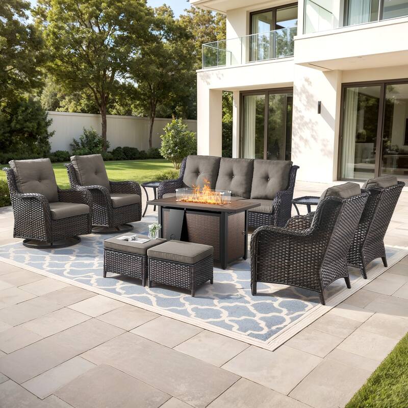 Gymojoy 10-Piece Outdoor Wicker Patio Set with Swivel Glider Chairs & 55,000 BTU Fire Pit Table for Garden, Backyard, Poolside
