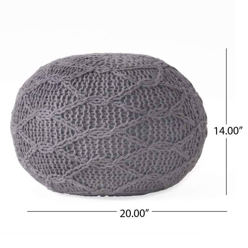 Oaks Aura Knitted Wool Cotton 20 x 20 Round Pouf, Modern Farmhouse Handcrafted Design Ottoman