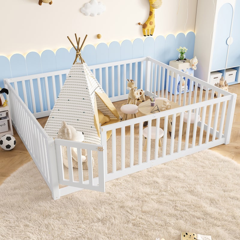 Montessori Floor Bed with Safety Guardrails & Door, Kids Low Profile Frame, Available in Queen/Full/Twin - White - Queen