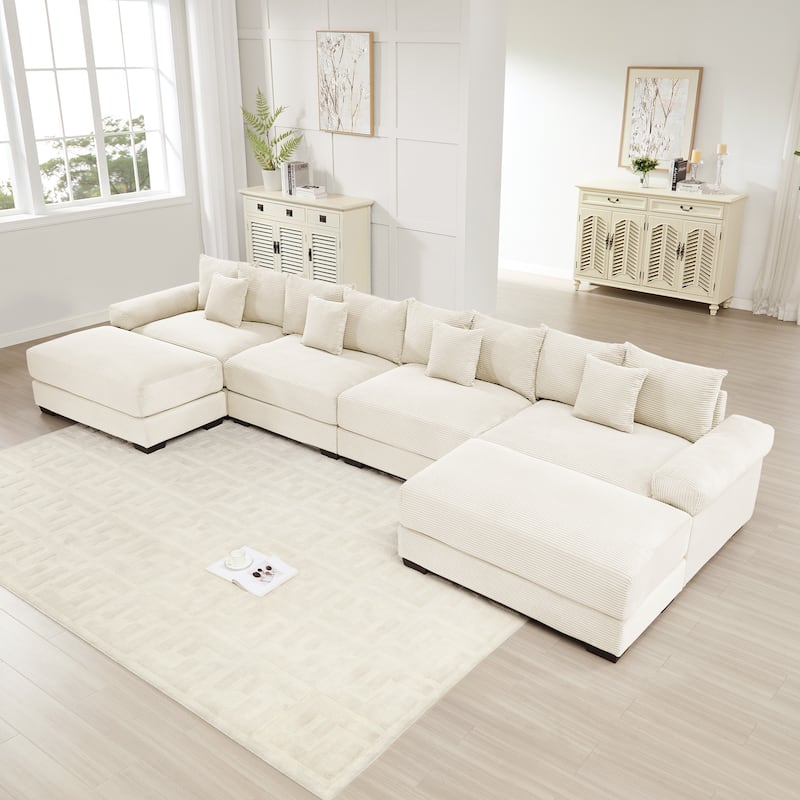 Oversized Corduroy Cloud Modular Sofa with Throw Pillows - Cream(4 Seat+2 Ottoman)
