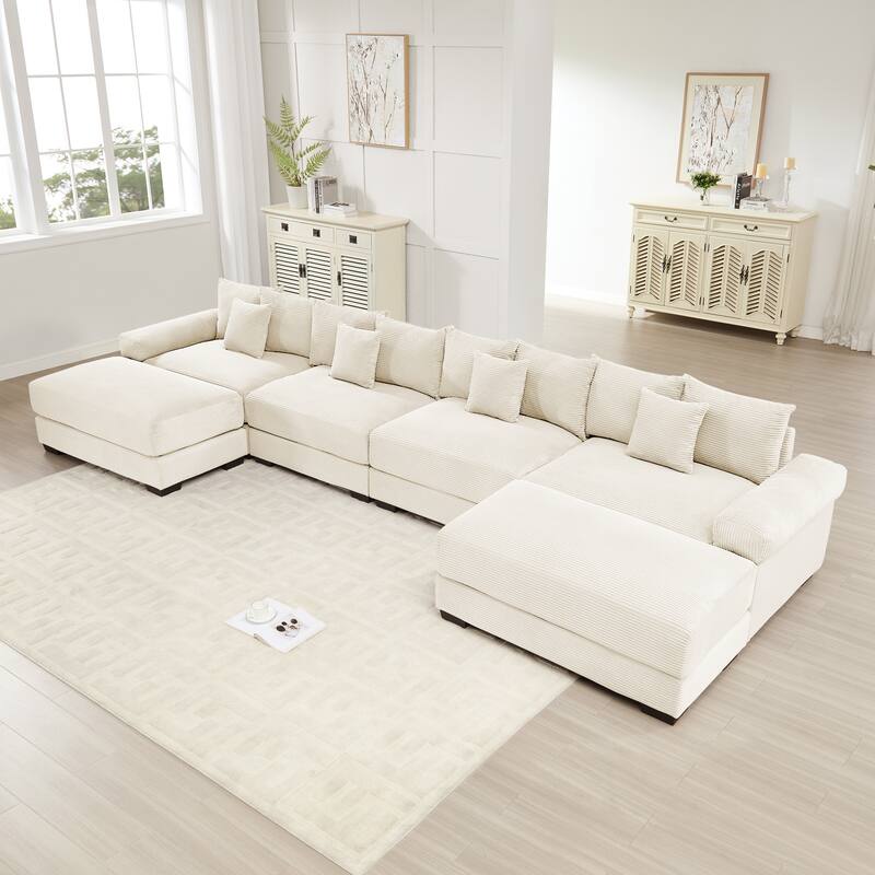 Roomfitters 130" Oversized Cloud Modular Sectional Sofa, Deep Seat Corduroy Couch with Wide Armrests, Cream