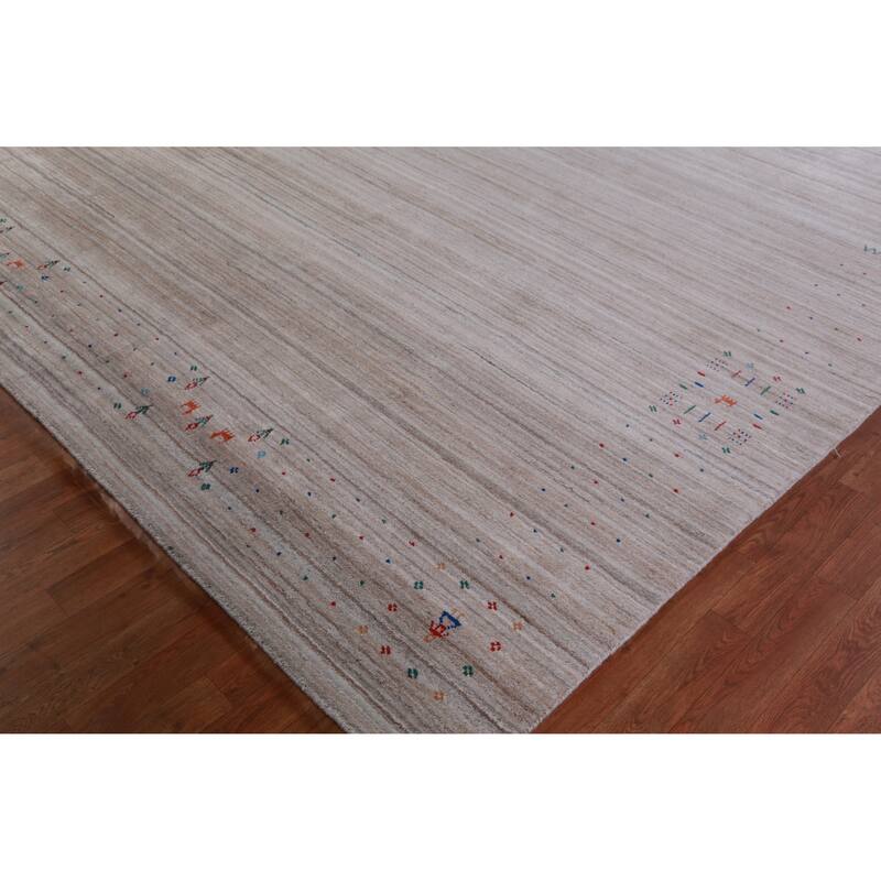 Hand Knotted Oriental 100% Wool Carpet Tribal Stripe Beige & Ivories Gabbeh Area Rug - 12' 7'' X 9' 2''