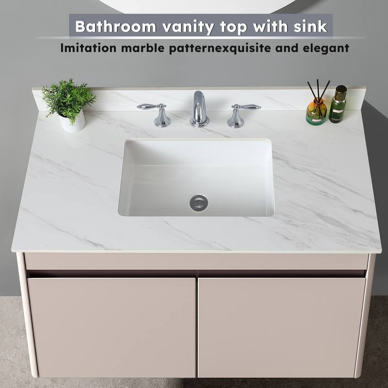 43" Bianco Venato Carrara White Vanity Top with Ceramic Sink, 4" Backsplash, Pre-Drilled Faucet Hole, Sintered Stone Material