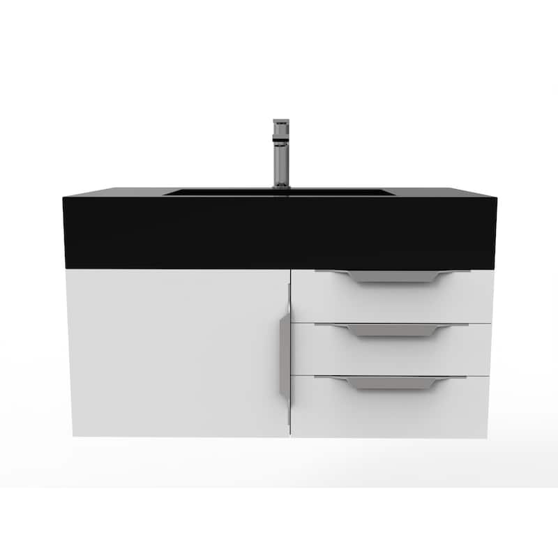 Nile 36" Wall Mounted Bathroom Vanity Set w/ Black Top - White - Brushed Nickel Finish