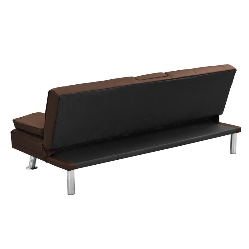 Sofa Bed with Armrests, Wood Frame & Stainless Legs, Futon Style with PVC Upholstery - Brown