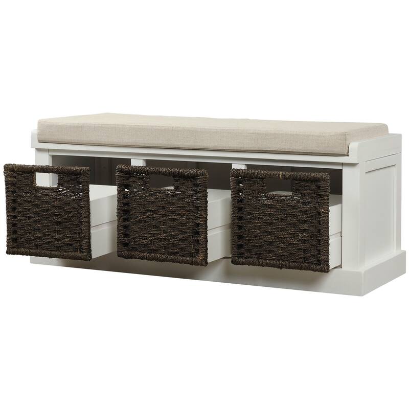 Rustic Storage Bench with 3 Removable Classic Rattan Basket