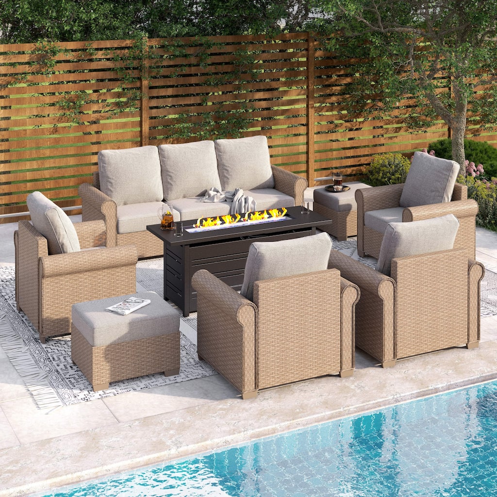 MAISON ARTS Outdoor Patio Luxury Wicker Conversation Fire Pit Set with Curved Armrests with Cushions Gray 8 Pieces