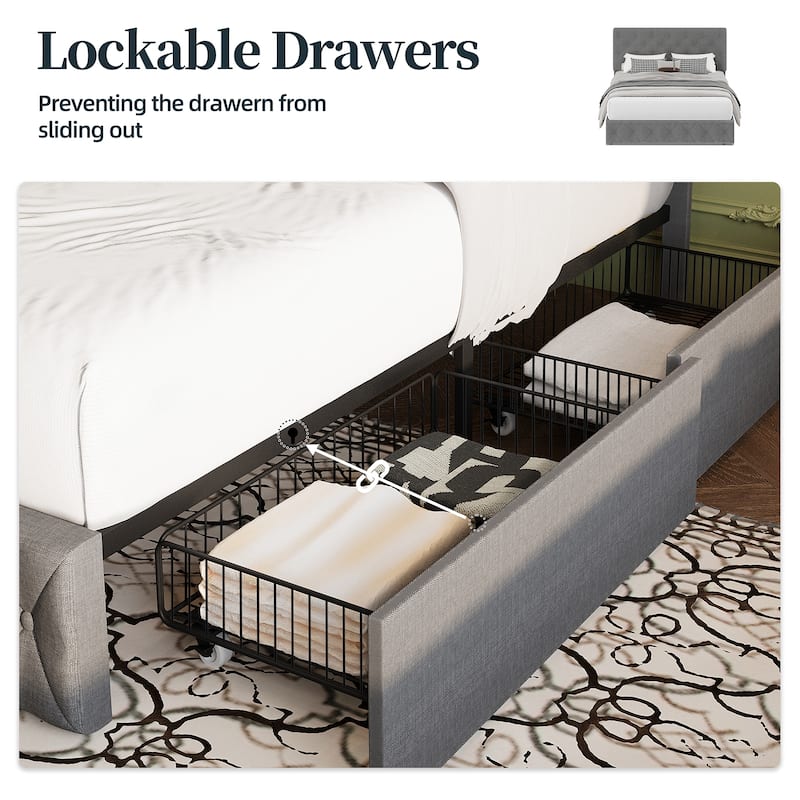 Full & Queen Size Bed Frame Built in 4 Storage Drawers & Adjustable Headboard