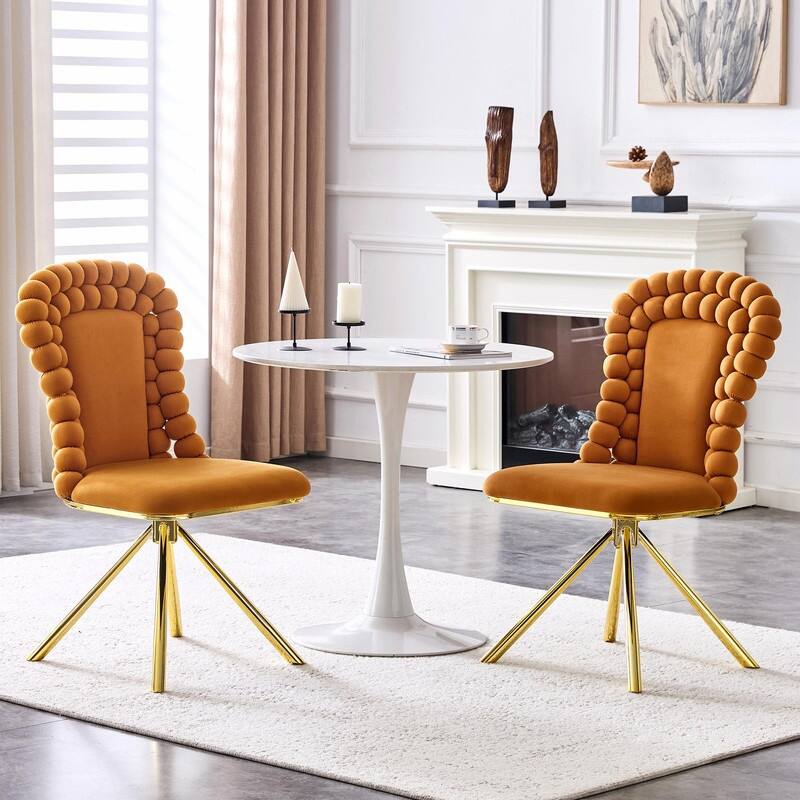Set of 2 Puffy Bubble Velvet Dining Chairs with Ball Chain Detail & Gold Legs
