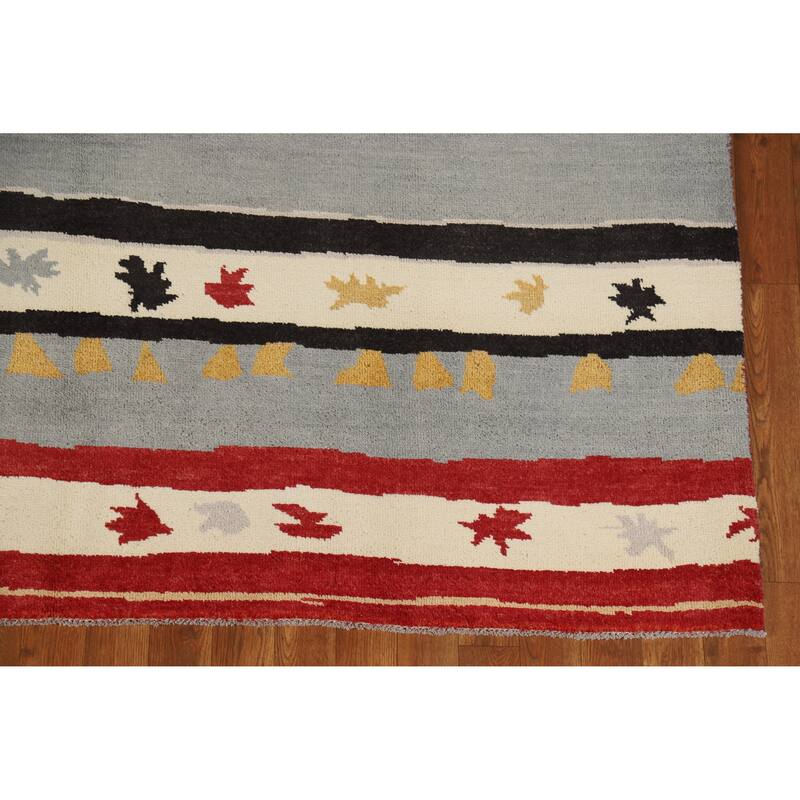 Hand Knotted Oriental 100% Wool Carpet Modern Geometric Greys & Charcoal Gabbeh Area Rug - 9' 2'' X 6' 0''