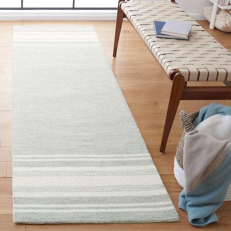 SAFAVIEH Handmade Metro Hedije Stripe Wool Rug - 2'3" x 8' Runner - Sage/Ivory