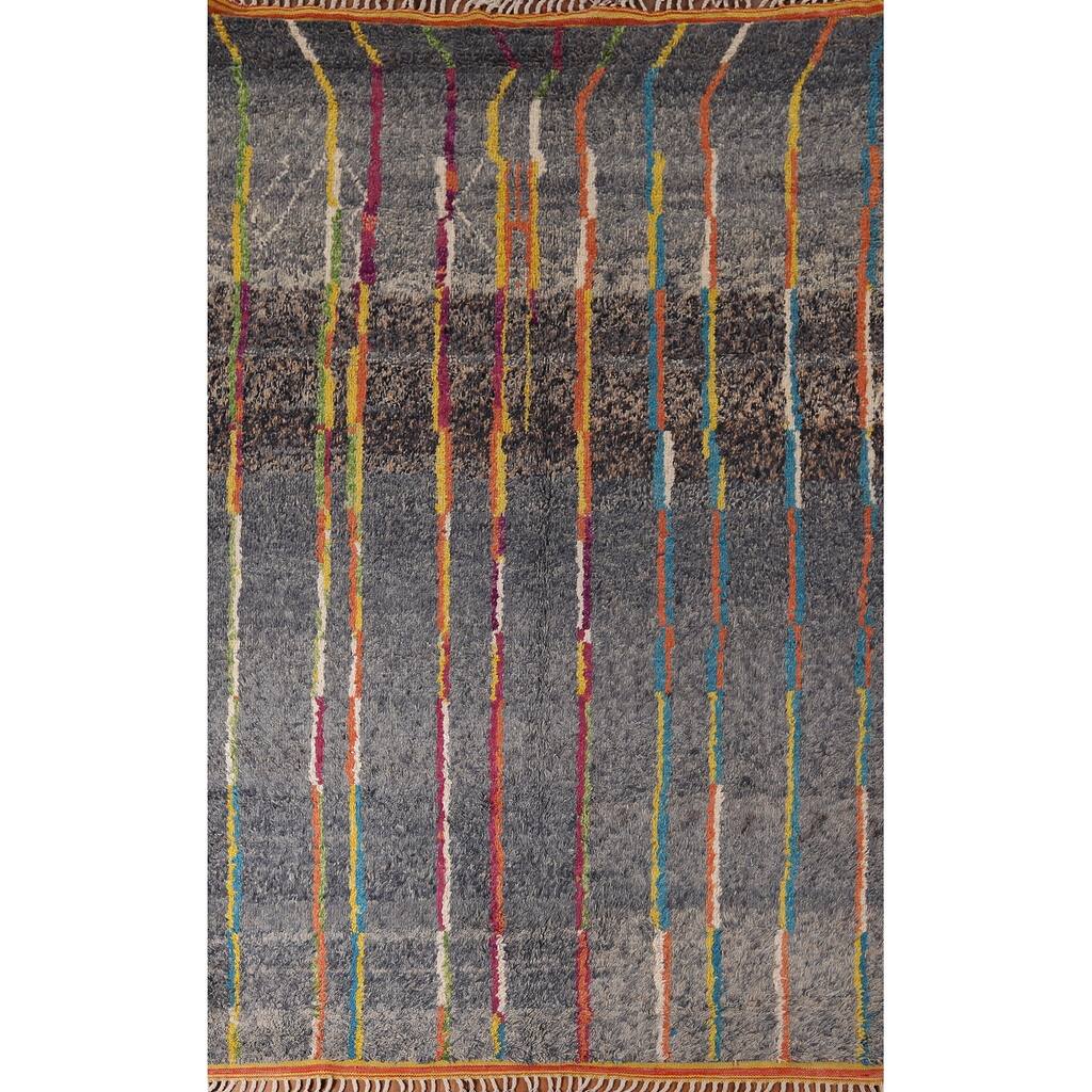 Grey Striped Moroccan Area Rug Handmade Wool Carpet - 6'9" x 10'5"