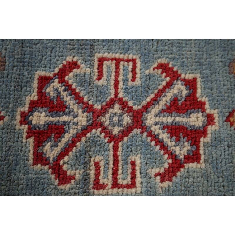 Light Blue Geometric Kazak Oriental Rug Bedroom Handmade Wool Carpet - 3'11" x 5'10"