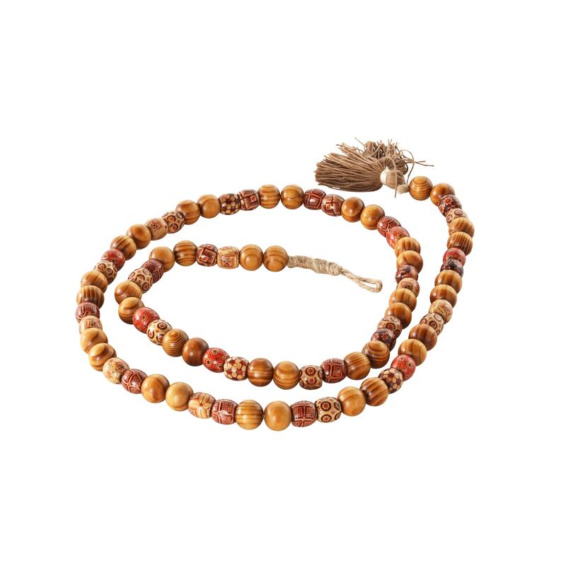 Red or Brown Wood Handmade Long Beaded Garland with Tassel with Bohemian Patterns