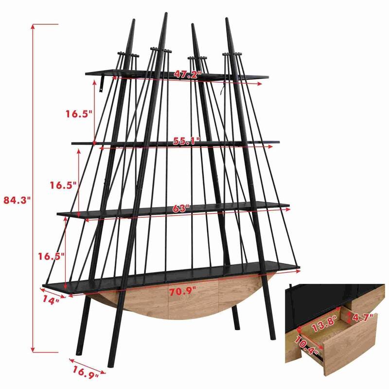 70.87" Industrial 4-Tier Open Storage Shelf with Drawer, Wooden & Metal Freestanding Bookcase