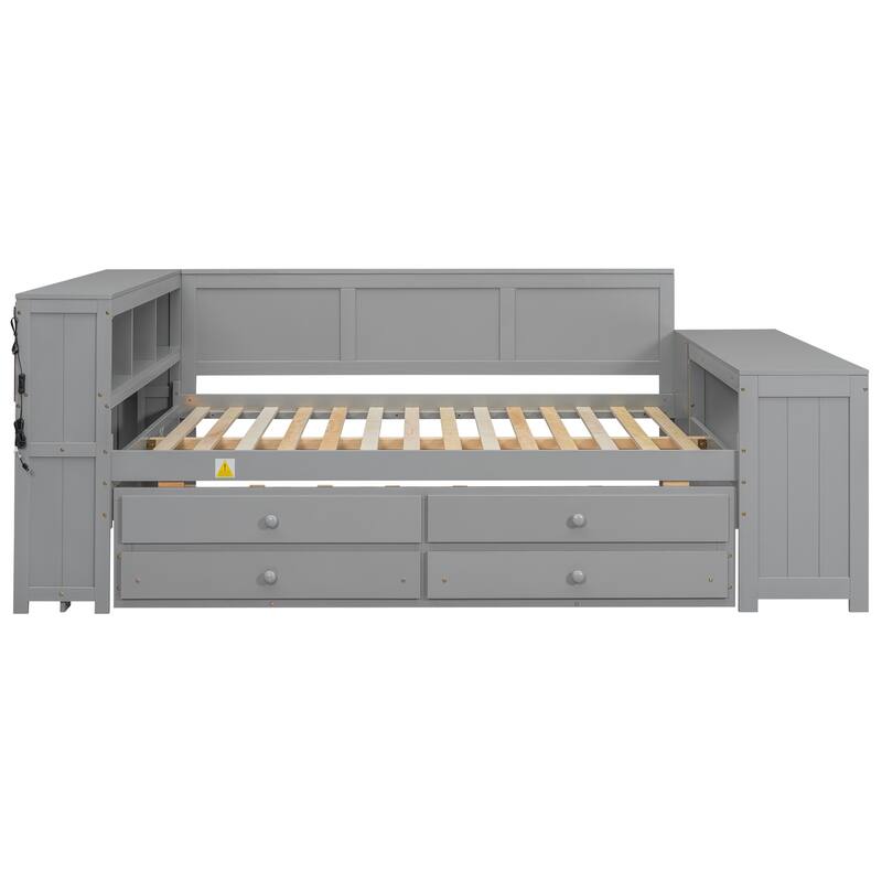 Bookcase Storage Bed, Full Size Daybed with Storage Shelves, Drawers, Trundle, Charging Station, Light, Desk and Cabinet
