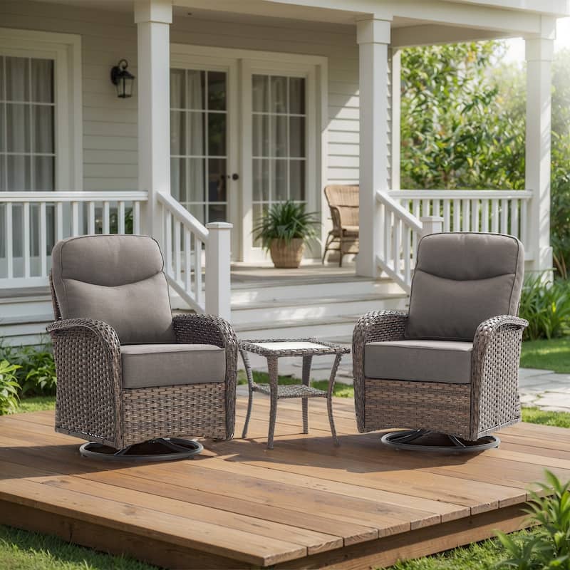 Pocassy Outdoor Sofa Swivel Chair and Ottman with Fire Pit Table - Brown Wicker Gray Cushion - 3-Piece Swivel Chair  with Side Table