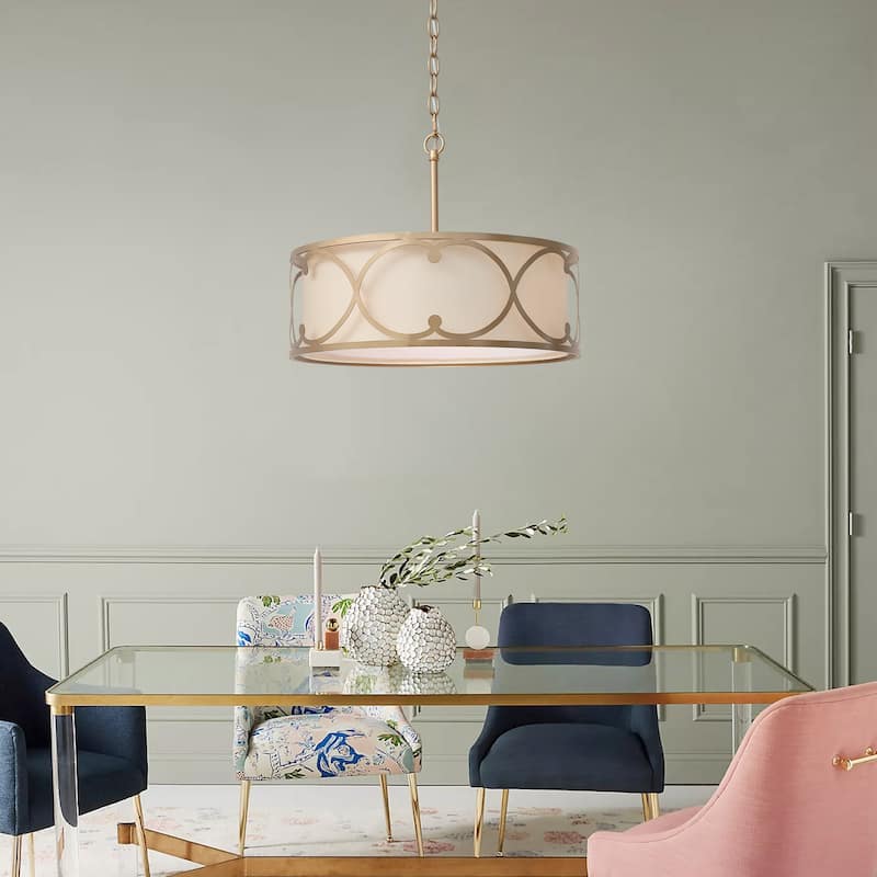 Modern Farmhouse Drum Shaded Chandelier Brass Foyer Pendant Lights - D17.5"x H 14"