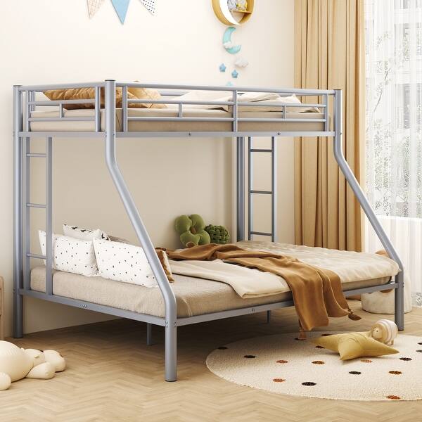 slide 2 of 10, Twin XL over Queen Metal Bunk Bed with Ladder and Safety Guardrails Silver