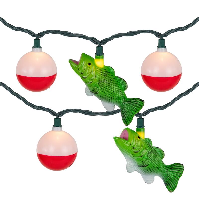 Bass and Bobber Patio Light Set - 6' Green Wire - 10ct - 102"
