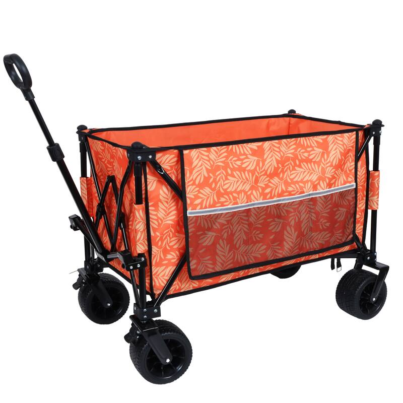 Heavy-Duty 480lb Folding Wagon with Bonus Picnic Mat - All-Terrain Wheels, Drink Holders & Brakes, Orange Print