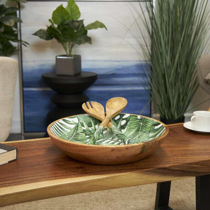 Mango Wood Handmade Decorative Bowl with Matching Salad Serving Utensils - Set of 3 Cream or Green - Roche River Decor