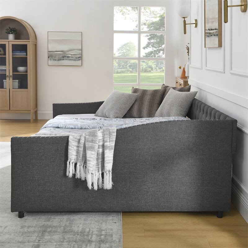 Queen Size Upholstered Tufted Daybed with Drawers and Copper Nail