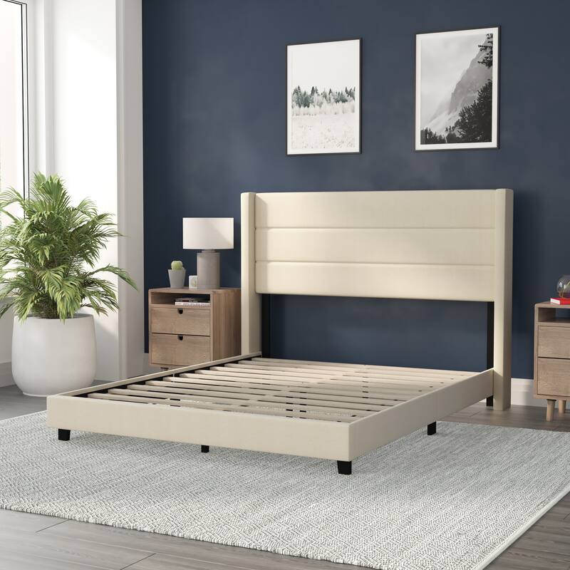 Upholstered Platform Bed with Wingback Headboard