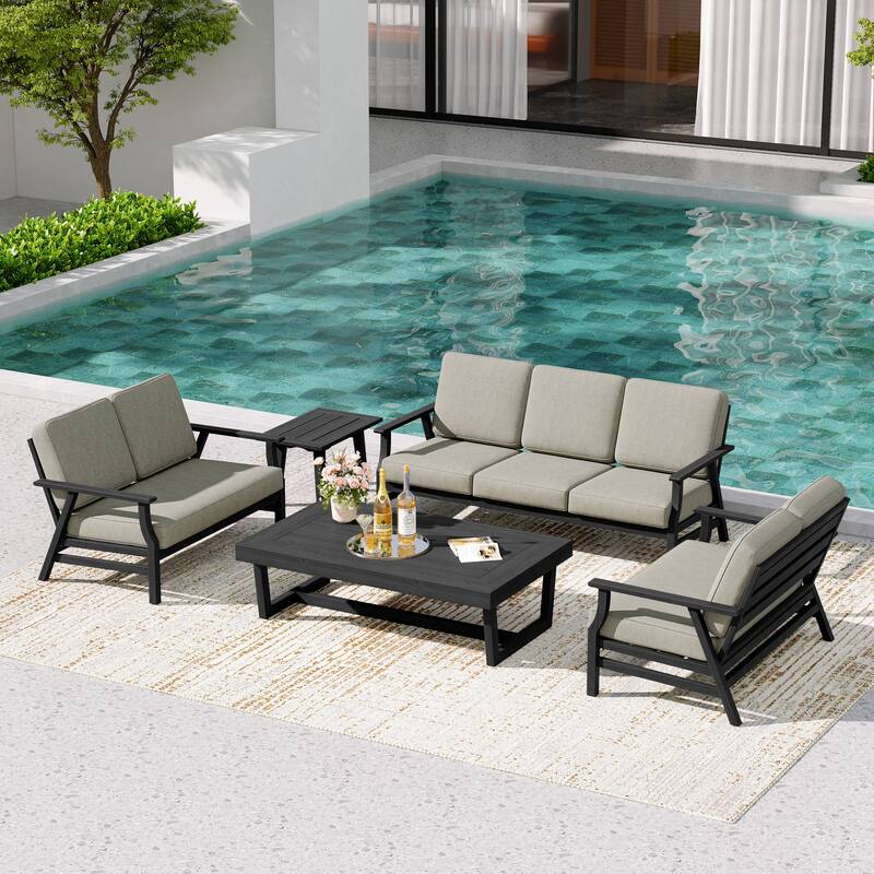 Teak Outdoor Seating Set with Daybed & Tables.