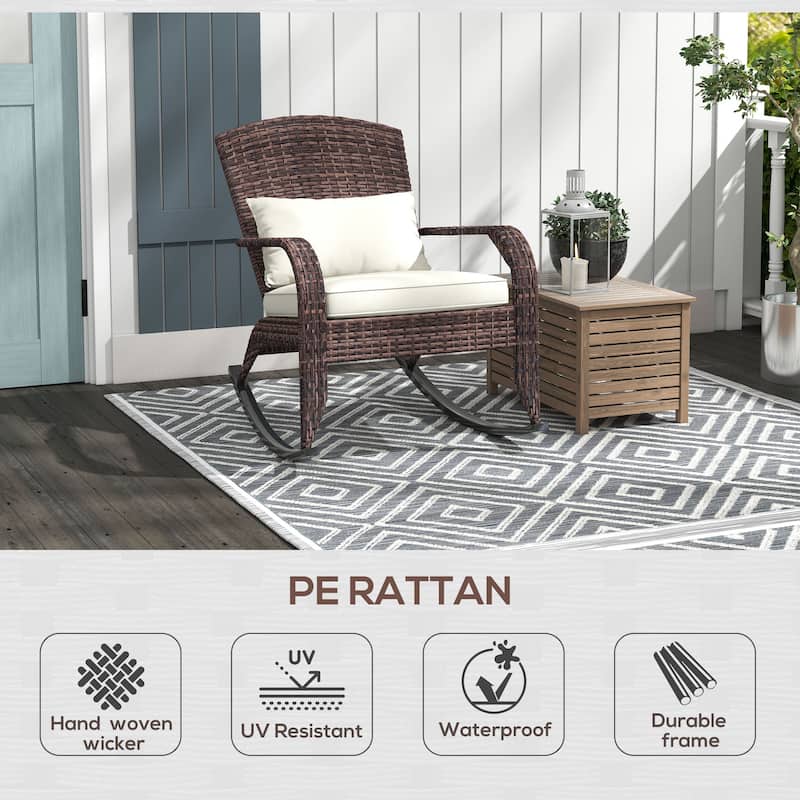 Outsunny Outdoor Wicker Adirondack Rocking Chair, Patio Rattan Rocker Chair with High Back, Seat Cushion, and Pillow for Garden