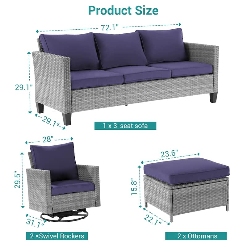BONOSUKI 5-Piece Outdoor Brown/Gray PE Wicker Patio Conversation Sets, Swivel Rocking Sofa Set with Cushions and Ottomans