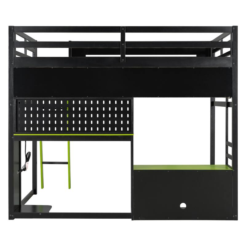 Full Size Gaming Loft Bed with Desk, Shelves, LED, USB and Pegboard