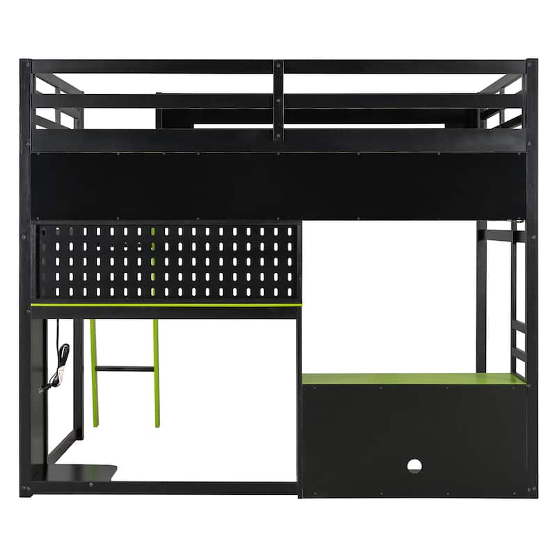 Gaming Loft Bed Full Size Wood Loft Bed with Pegboard PC Desk Computer Case Stand Charging Station LED Lights for Gamers