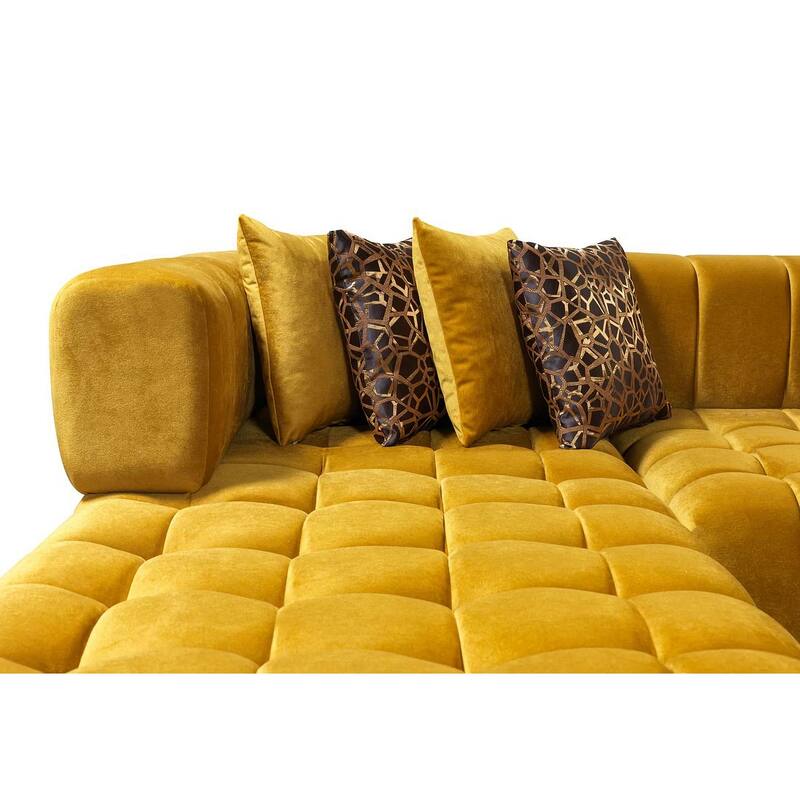 HomeRoots Mustard Velvet U Shaped Three Piece Sofa and Chaise Sectional With Toss Pillows