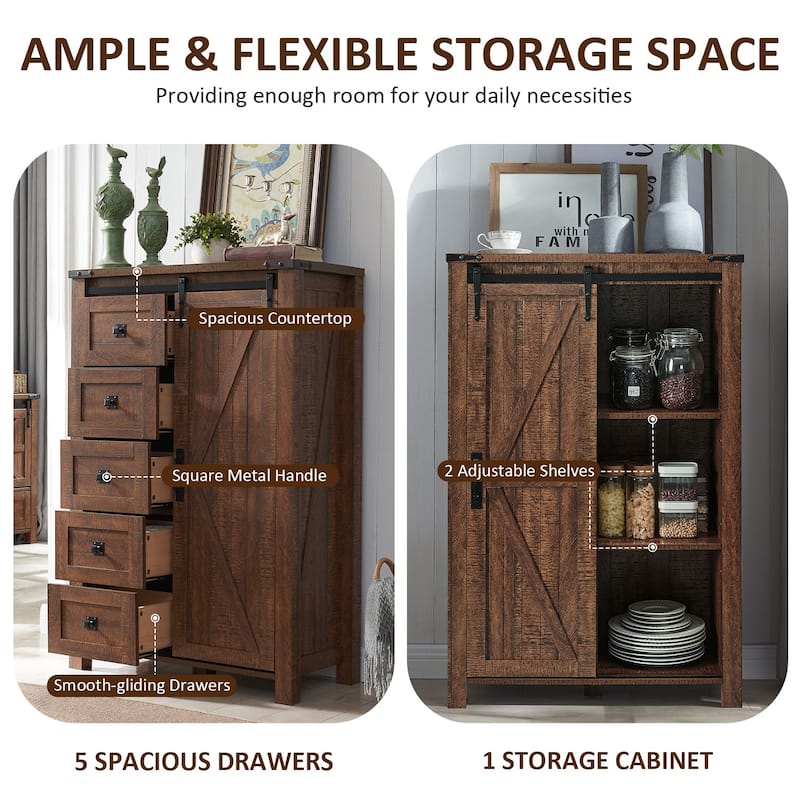 Farmhouse 5 Drawers Dresser, Vintage Chest of Drawers with Barn Door