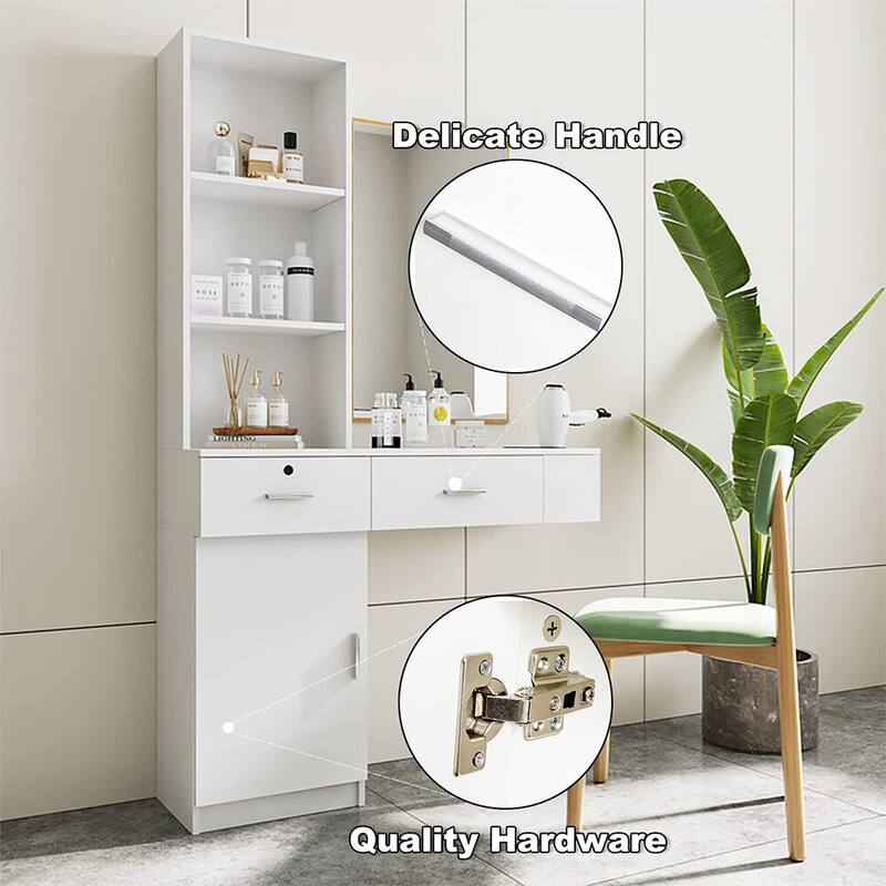 Wall Mount Makeup Vanity Dressing Table,Drawers & Hair Dryer Holder - W39.76*D13.19*H66.93