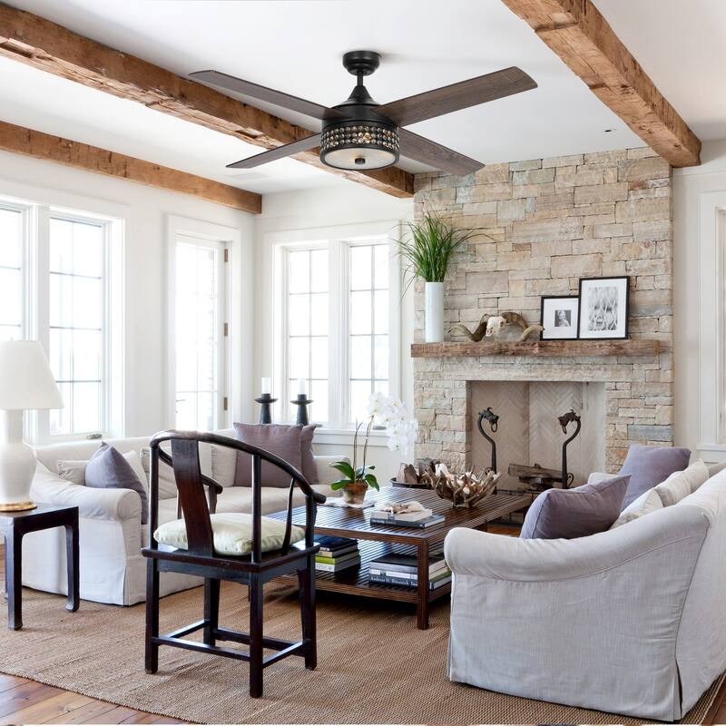 52" Matte Black Modern Crystal Ceiling Fan with Light and Remote Control - 52 in. D x 52 in. W x 15.25 in. H