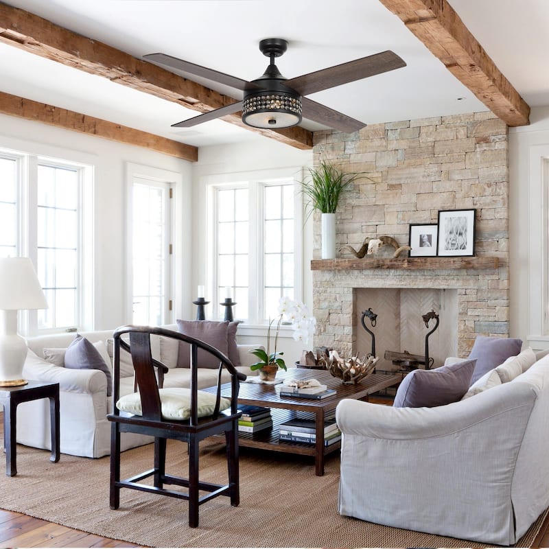 52-in Farmhouse 4-Blade Black Reversible Crystal Shade Ceiling Fan with Remote and Light Kit - 52-in W x 17-in H