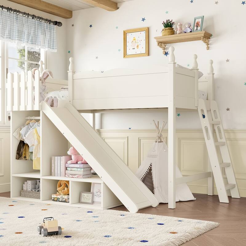 Twin Loft Bed with Storage Shelves and Wardrobe, Solid Wood Loft Beds with Detachable Slide and Ladders, No Spring Box Needed