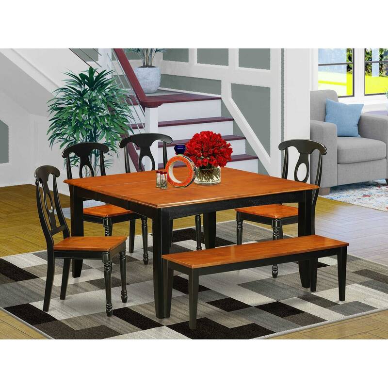 HomeStock 6-Piece Square Black & Cherry Finish Solid Wood Top dining Table with 1-Bench and 4-Chairs